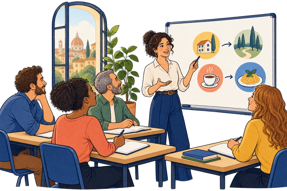 Un’insegnante fa lezione a un gruppo di adulti.