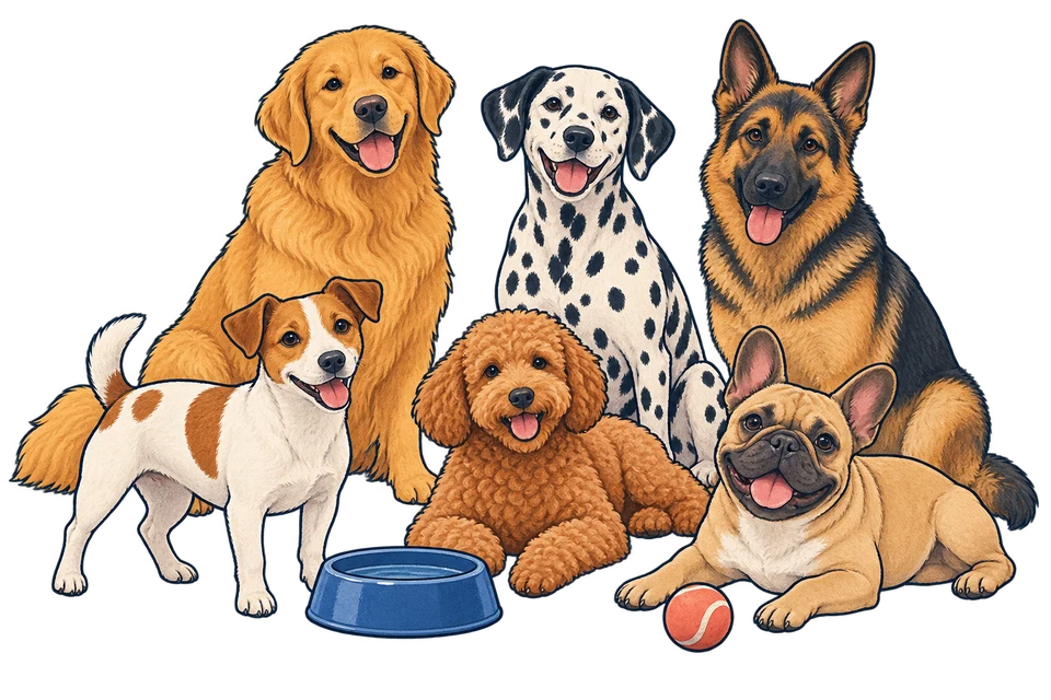 Sei cani di diverse taglie accanto a una ciotola e una palla.