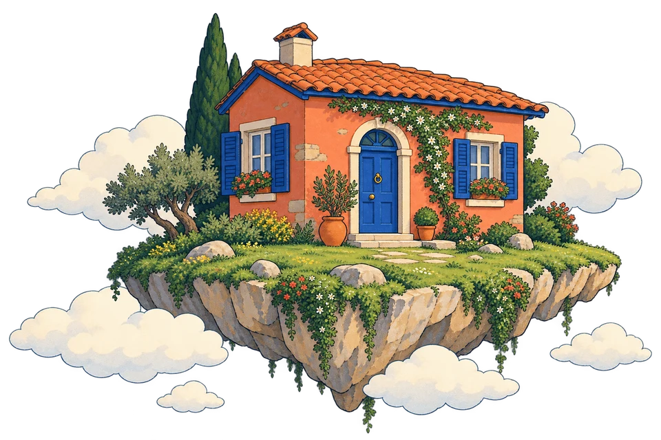 Una casa su una piccola isola sospesa tra le nuvole.