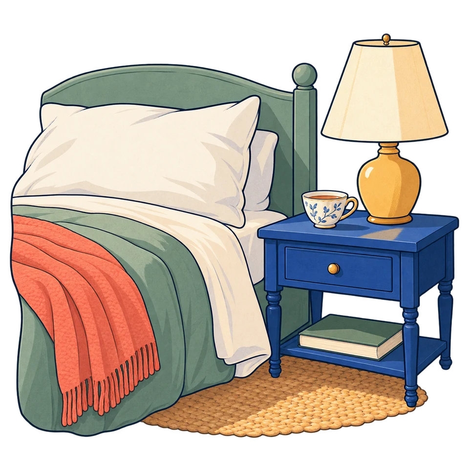 Un letto accanto a un comodino con tazza e lampada.