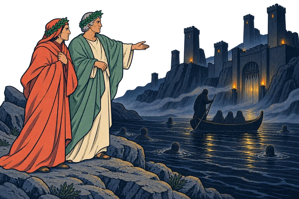 Dante e Virgilio accanto allo Stige, con una barca e delle torri sullo sfondo.