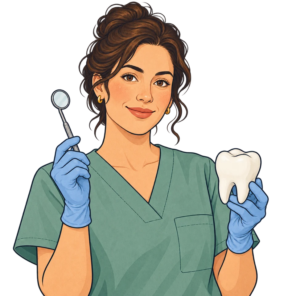 Una dentista tiene un modello di dente e uno specchietto.