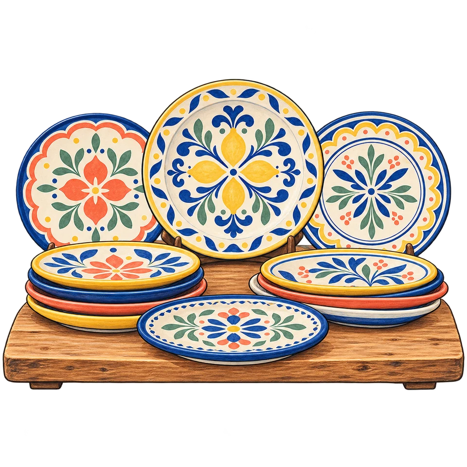 Una pila di piatti di ceramica colorati.