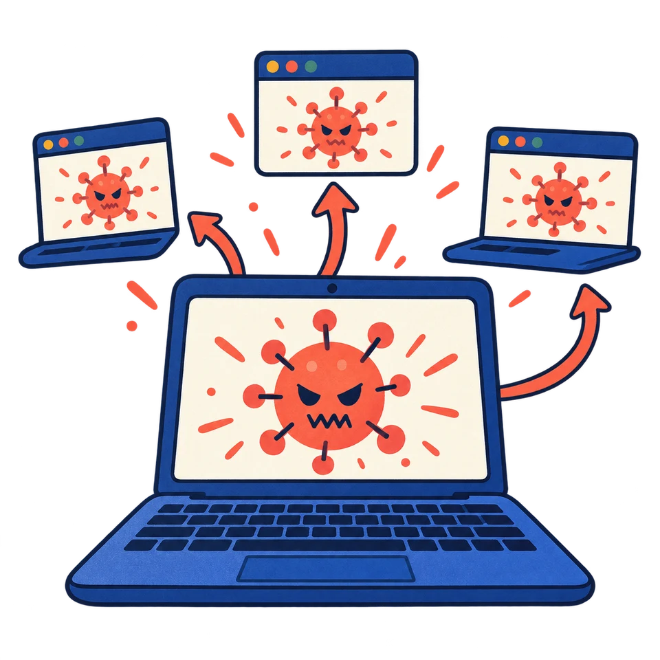 Un computer mostra il simbolo di un virus informatico.