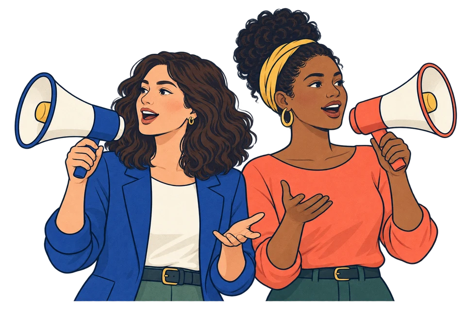 Due donne prendono la parola con dei megafoni.