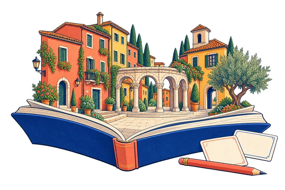Un libro aperto da cui emerge una piazza italiana, con facciate, archi e un ulivo.