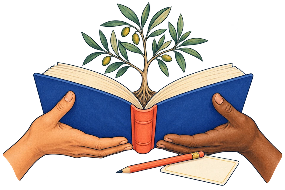Due mani sostengono un libro aperto da cui cresce un ulivo, simbolo del sostegno all’educazione.